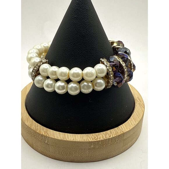Vintage Faux Pear Purple Bead Stretch Bracelet Double-Strand Rhinestone Accents - Picture 3 of 5